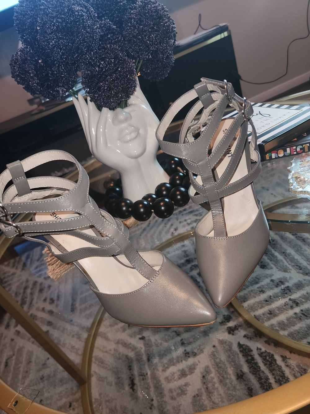 Women’s Gray Strappy Pointed-Toe Heels